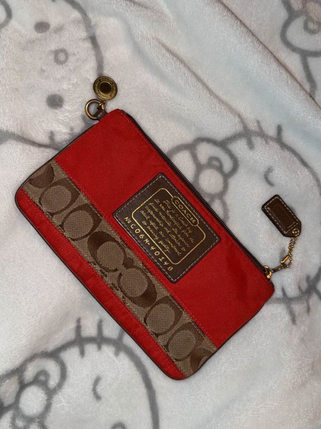 Coach Red Canvas And Brown Signature Stripe Wristlet